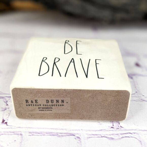 Rae Dunn WORK HARD / BE BRAVE Double-Sided Ceramic Plaque Desk Paperweight - Picture 4 of 7